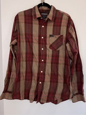 RVCA Men’s Large red tan plaid long sleeve collared cotton blend button up shirt